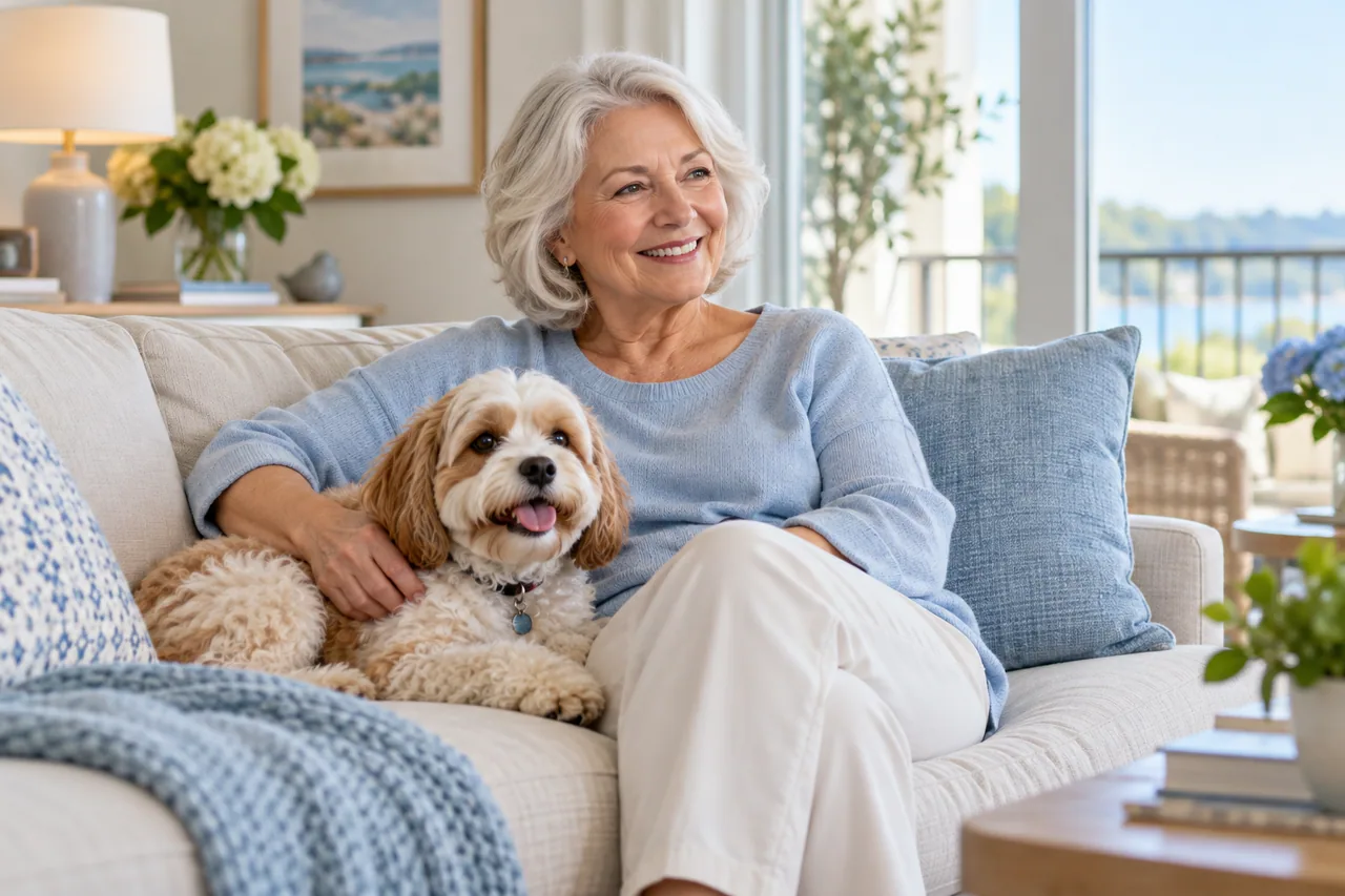 An older woman at home with her dog