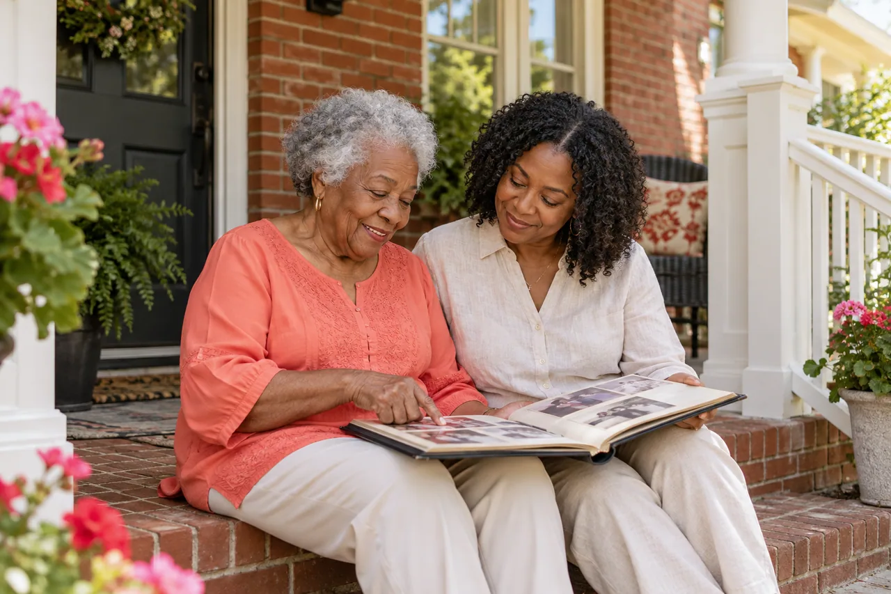 An older woman sharing a family album with her daughter